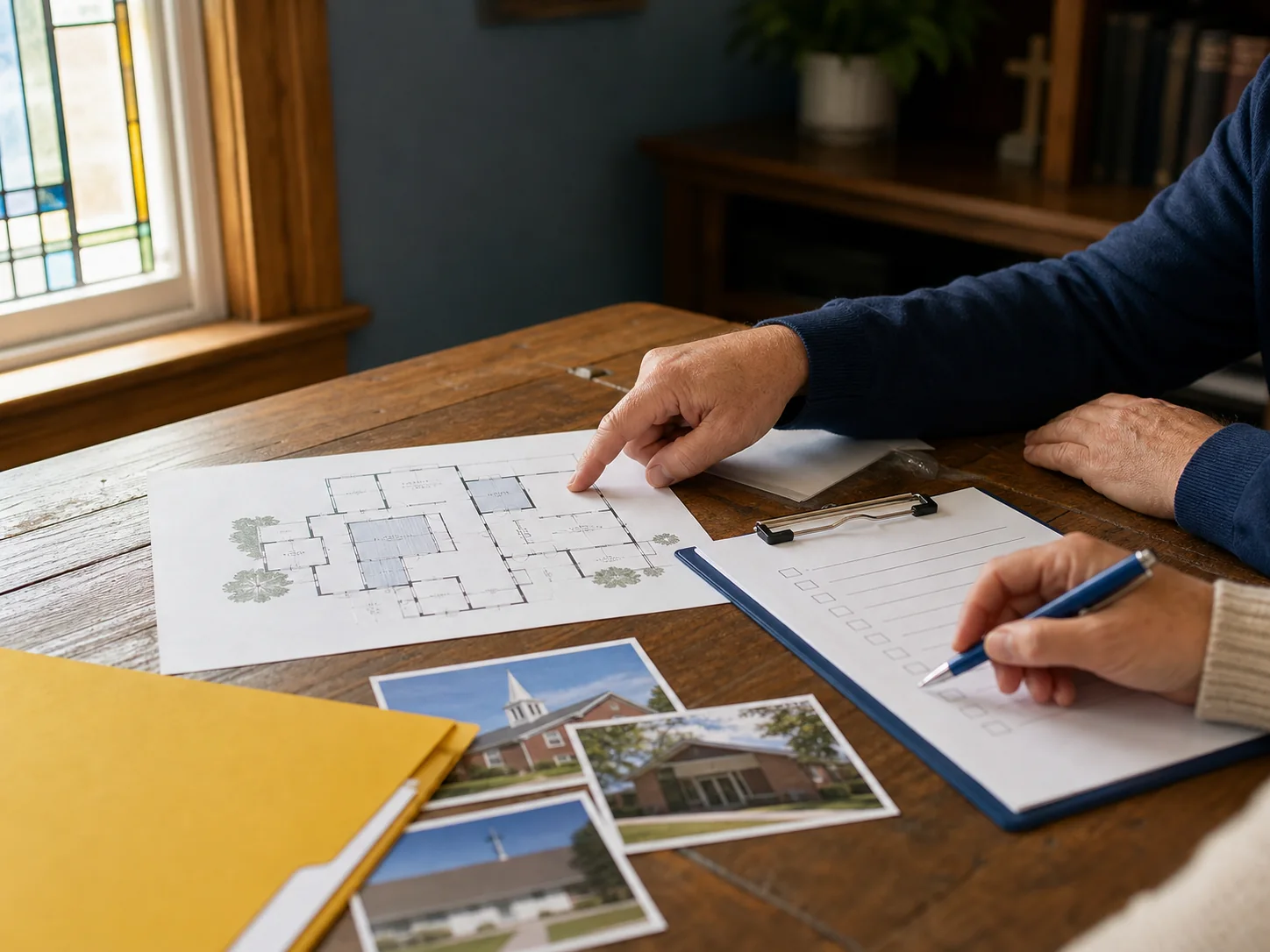 Church leaders reviewing a property plan and coverage checklist