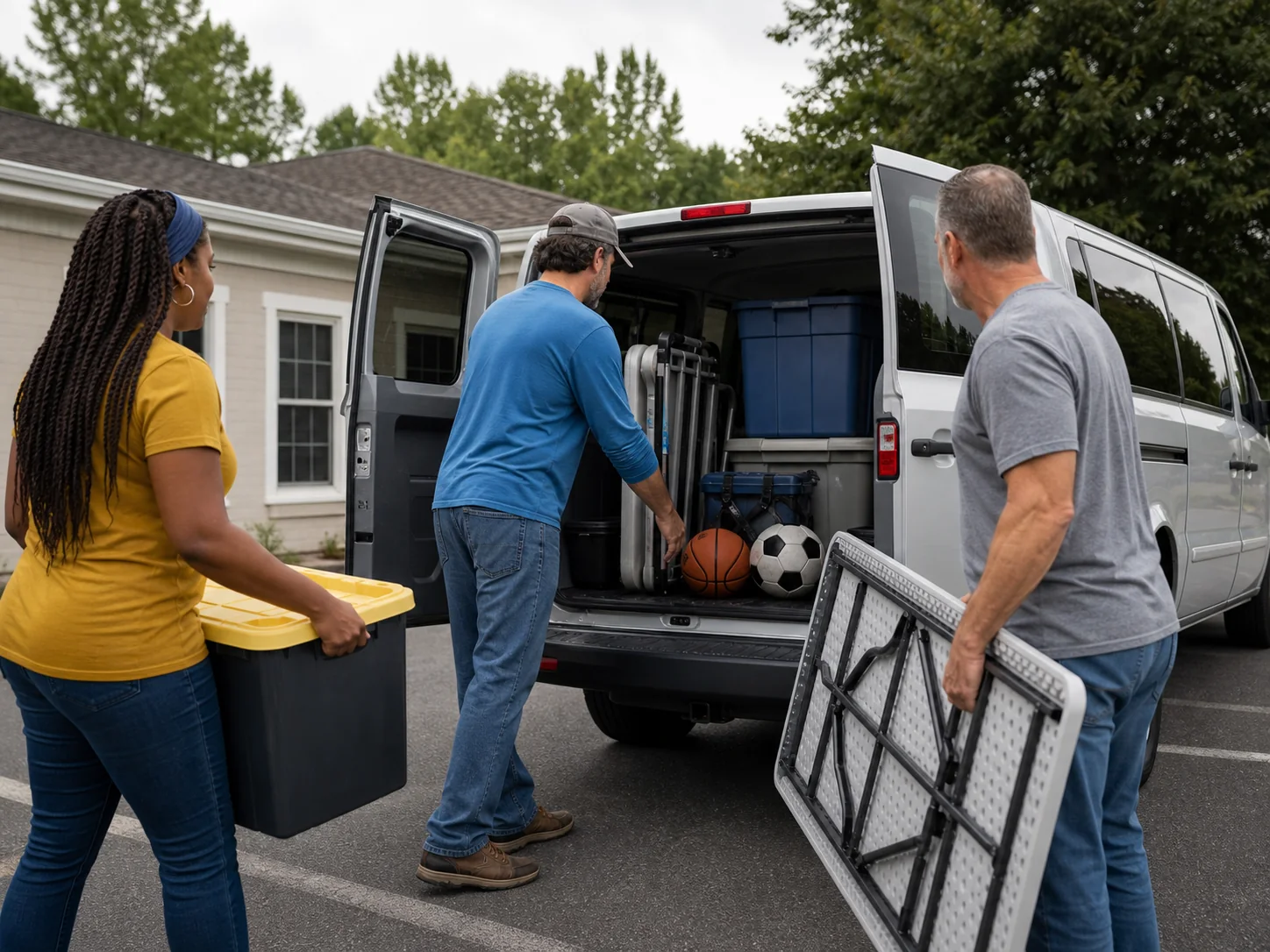 Church volunteers loading ministry supplies into a passenger van